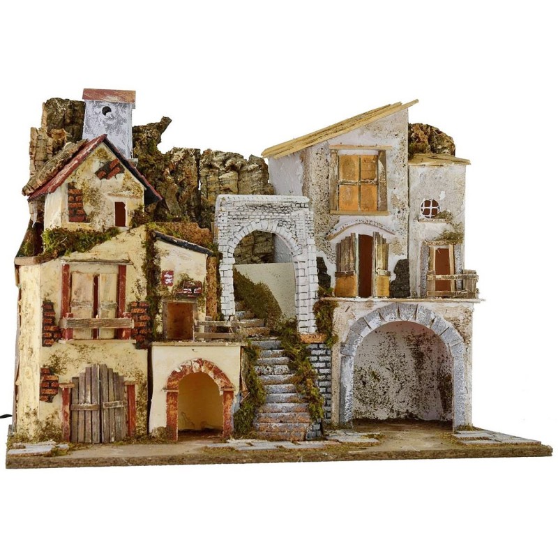 Presepe illuminato con borgo e grotta cm 60x34x45 h  | Mondo Presepi